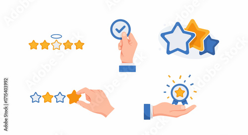 Customer feedback and rating system icons with stars hands checkmark and award badge.