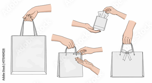 Handdrawn Shopping Bags with Various Accessories and Actions.