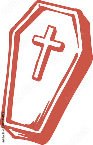 A hand-drawn, stylized illustration of a red coffin with a simple cross on its lid, isolated on a white background.