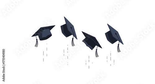 Celebratory toss of four dark blue academic graduation caps with tassels.