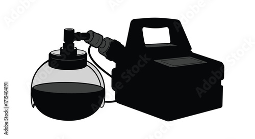 Black and white illustration of an airbrush and compressor system