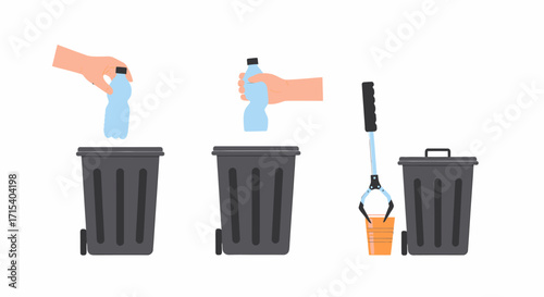Hands discarding plastic bottles into trash cans and using a grabber tool.