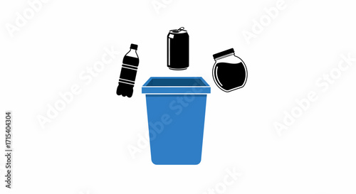 Blue recycling bin with plastic bottle aluminum can and glass jar for waste sorting and separation.