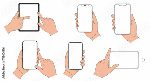 Collection of hands interacting with digital devices including tablets and smartphones.