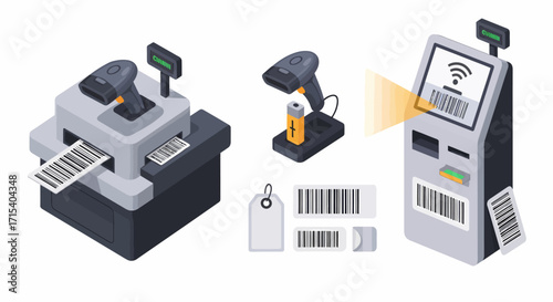 Isometric Illustrations of Barcode Scanners and Kiosks.