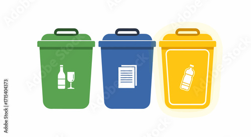 Three Colorful Recycling Bins for Glass Paper and Plastic Waste Sorting.