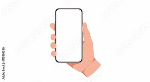 Hand holding modern smartphone with blank white screen.