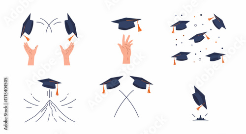 Graduation Caps Tossed by Hands and Falling in Various Arrangements.