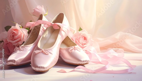 Delicate pink ballet slippers rest amidst soft, pastel roses, bathed in a gentle light, creating a serene and romantic image.