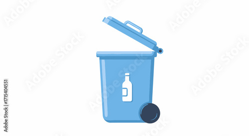 Blue wheeled recycling bin with an open lid and glass bottle symbol.