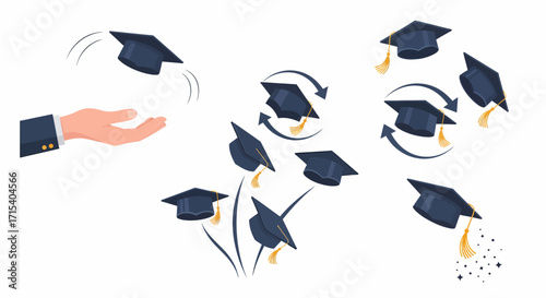 Hand tossing graduation caps symbolizing academic success and achievement Flying mortarboards with golden tassels.
