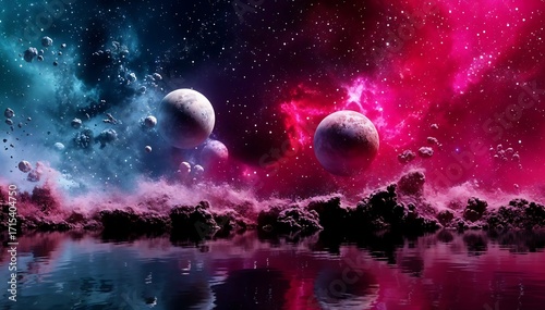 Planets in Space Reflecting on Water with Pink and Blue Nebulae