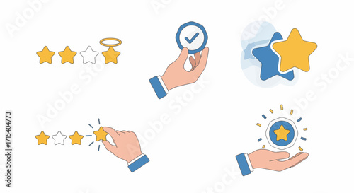 Handdrawn illustrations of star ratings feedback and approval.