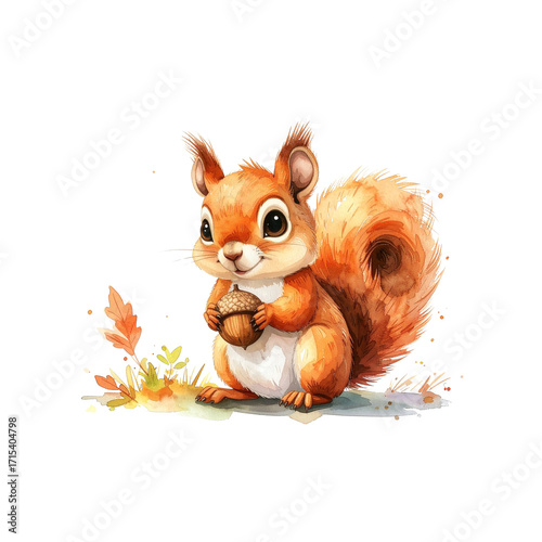 A cheerful squirrel holding an acorn, watercolor cartoon style, white background