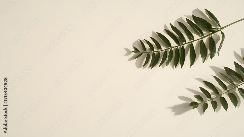 Naklejka premium Minimalistic botanical branch with fresh green leaves on neutral beige background, natural plant composition for organic design, wellness, eco concept and aesthetic decoration