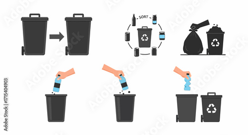 Recycling and Waste Sorting Process with Bins and Hands Illustrations.