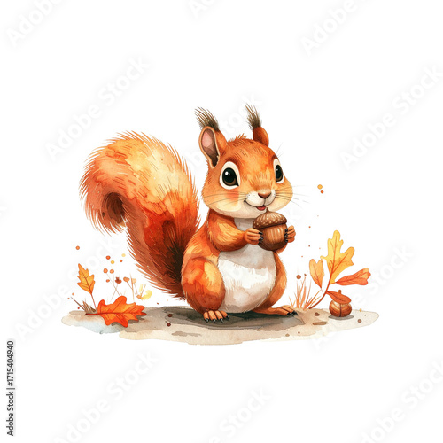 A cheerful squirrel holding an acorn, watercolor cartoon style, white background