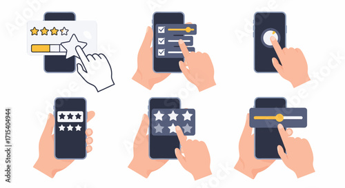 Vector illustration set of hands using smartphones for customer reviews star ratings and adjusting app settings.