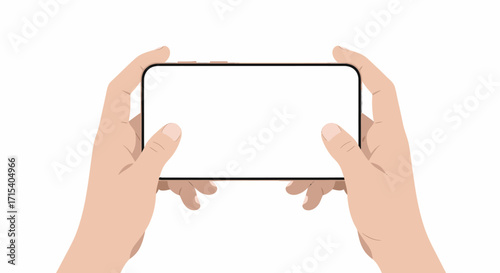 Hands holding a smartphone in landscape mode with a blank screen.