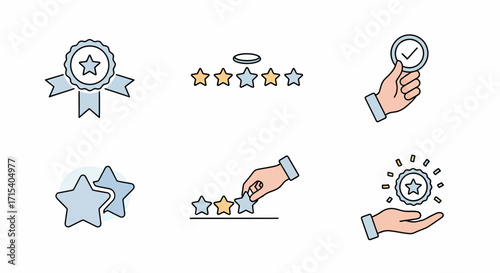Quality Rating and Achievement Line Icons Set with Stars Ribbons and Hands.