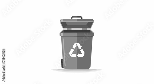 Open grey wheeled recycling bin with a white recycle symbol.