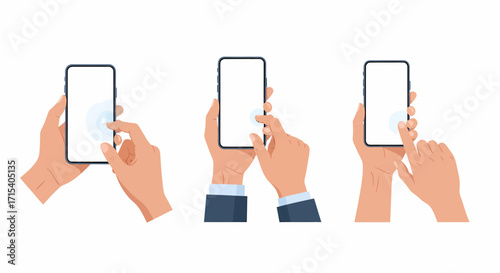 Set of illustrated hands holding a smartphone and interacting with the blank touchscreen.