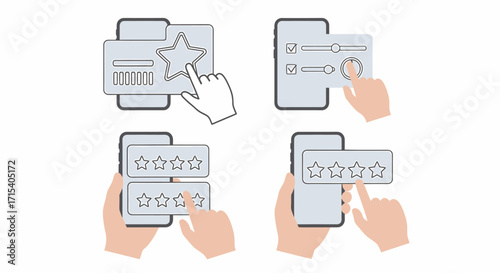 Hands interacting with smartphones displaying rating systems and feedback elements.
