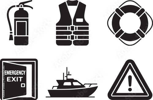 Safety icons boat fire life vest exit sign alert