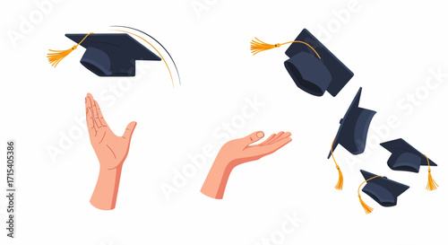 Graduation caps tossed in the air by open hands.