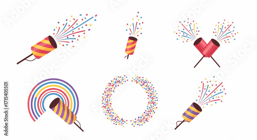 Colorful Party Poppers with Confetti Bursting into Air.