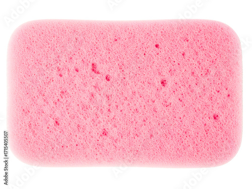 Rectangular pink bath sponge with a porous bubble texture on a transparent background