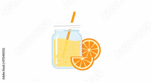 Fresh orange smoothie in a glass mason jar with a straw and orange slices flat vector illustration.