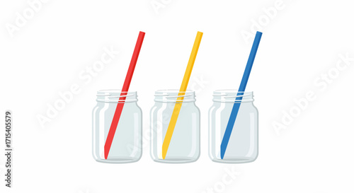 Three Glass Jars with Red Yellow and Blue Straws.
