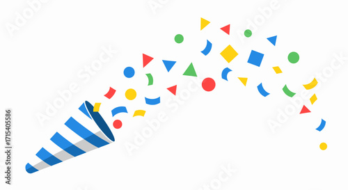 Blue and White Striped Party Popper with Colorful Confetti.