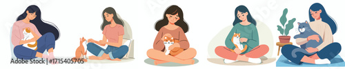 vector of a woman sitting hugging a pet cat