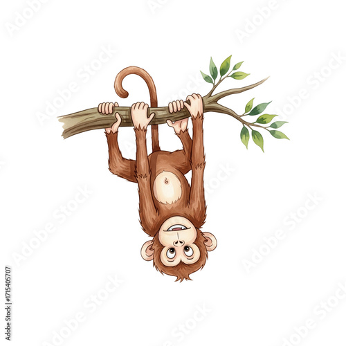 A playful monkey hanging from a tree branch, watercolor cartoon style, white background 