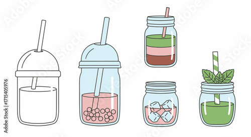 Collection of refreshing summer drinks in mason jars and plastic cups with straws.