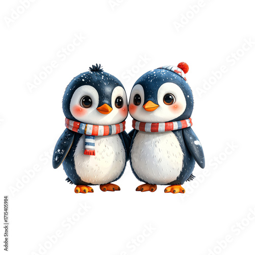 3D Cute A pair of penguins holding hands, watercolor cartoon style, white background 