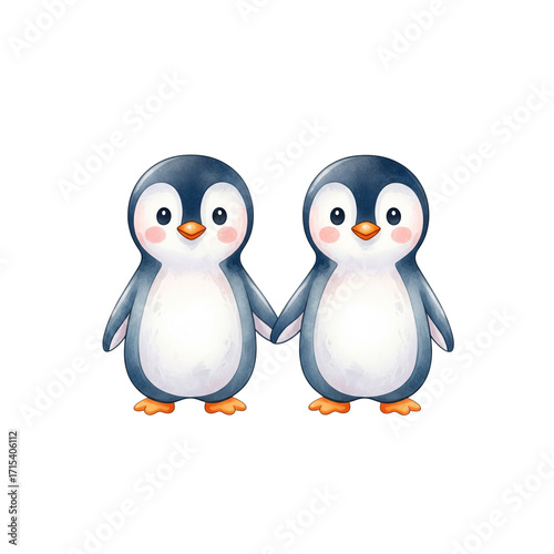 A pair of penguins holding hands, watercolor cartoon style, white background 