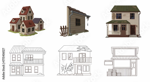 Collection of Illustrated Dilapidated Buildings and Structures.