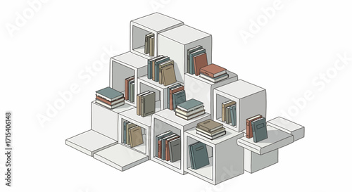 Isometric illustration of a modern white modular bookshelf filled with various books.