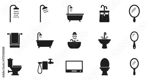 Black and white icons depicting various bathroom fixtures and accessories