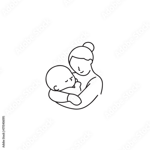 Black and white line art of a beautiful mother lovingly embracing her baby minimalist tender illustration