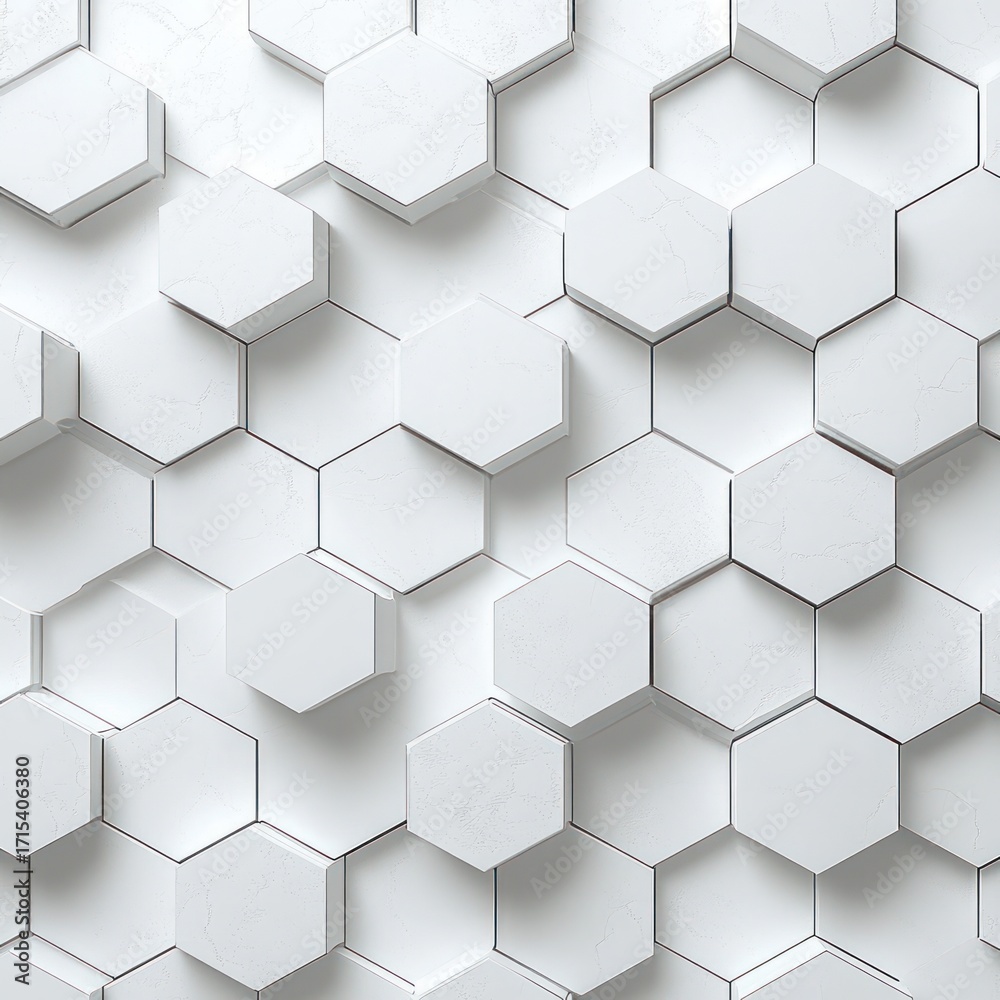 Naklejka premium Three-dimensional white hexagonal tiles arranged in a seamless geometric pattern with subtle shadows creating a clean and modern aesthetic