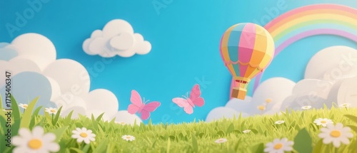 Colorful hot air balloon floating over a grassy field with butterflies and a rainbow in the sky