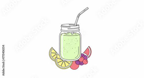 A healthy green fruit smoothie in a glass mason jar with a straw garnished with fresh citrus and grapes.