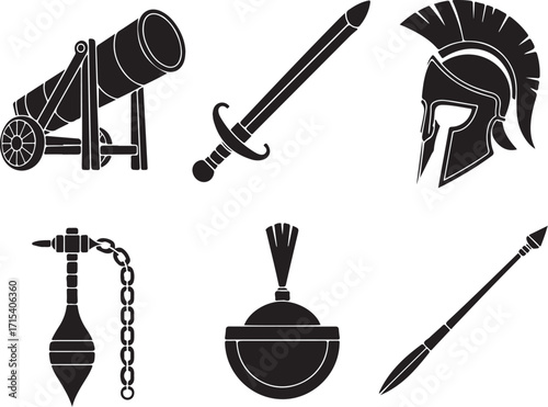 Ancient battle icons cannon sword helmet mace spear shield