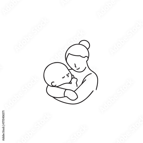 Black and white line art of a beautiful mother lovingly embracing her baby minimalist tender illustration