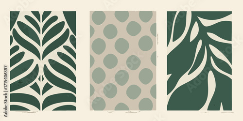 Three abstract vertical panels featuring organic leaf shapes and polka dot patterns in muted green and beige tones