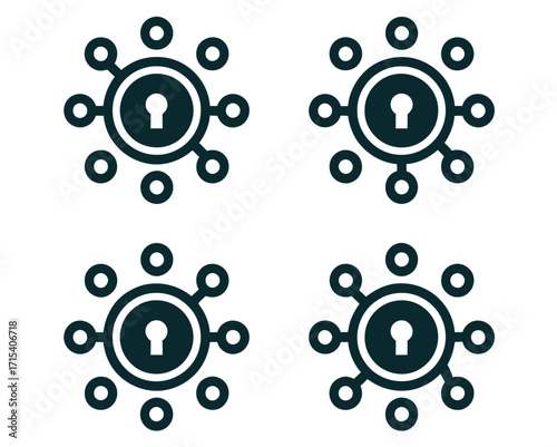 An illustration of four identical digital lock icons, symbolizing robust cybersecurity, network protection, and data privacy in modern technology environments
